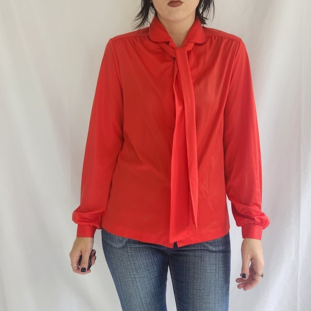 70s Red Button Down Blouse with Bow